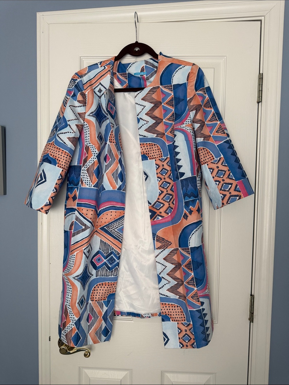 Preppy j McLaughlin Longline Coat in Blue & Peach